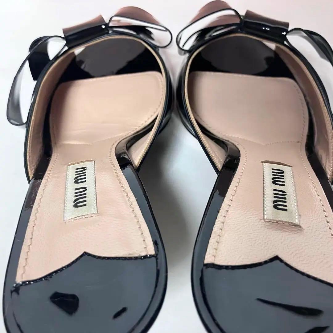 ミュウミュウ リボンサンダル パテントレザー ミュール 箱付き ブラック