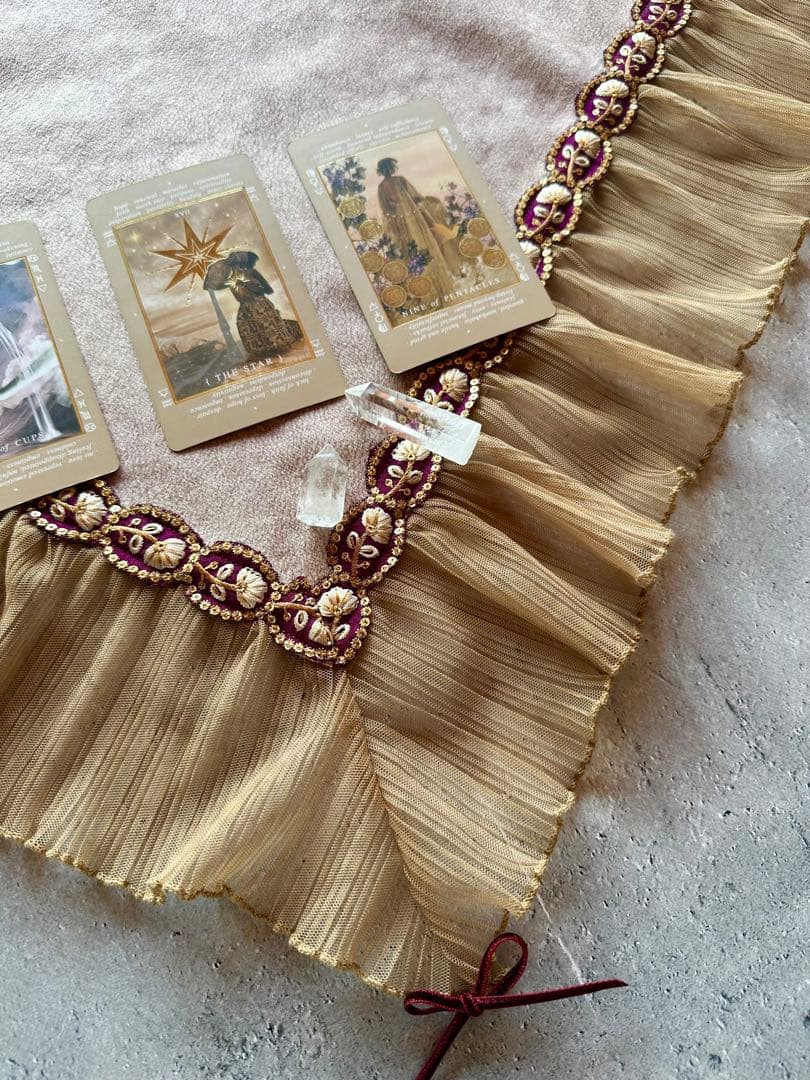 インド刺繍お花リボン＆フリルレース Beige ハンドメイドタロットクロス