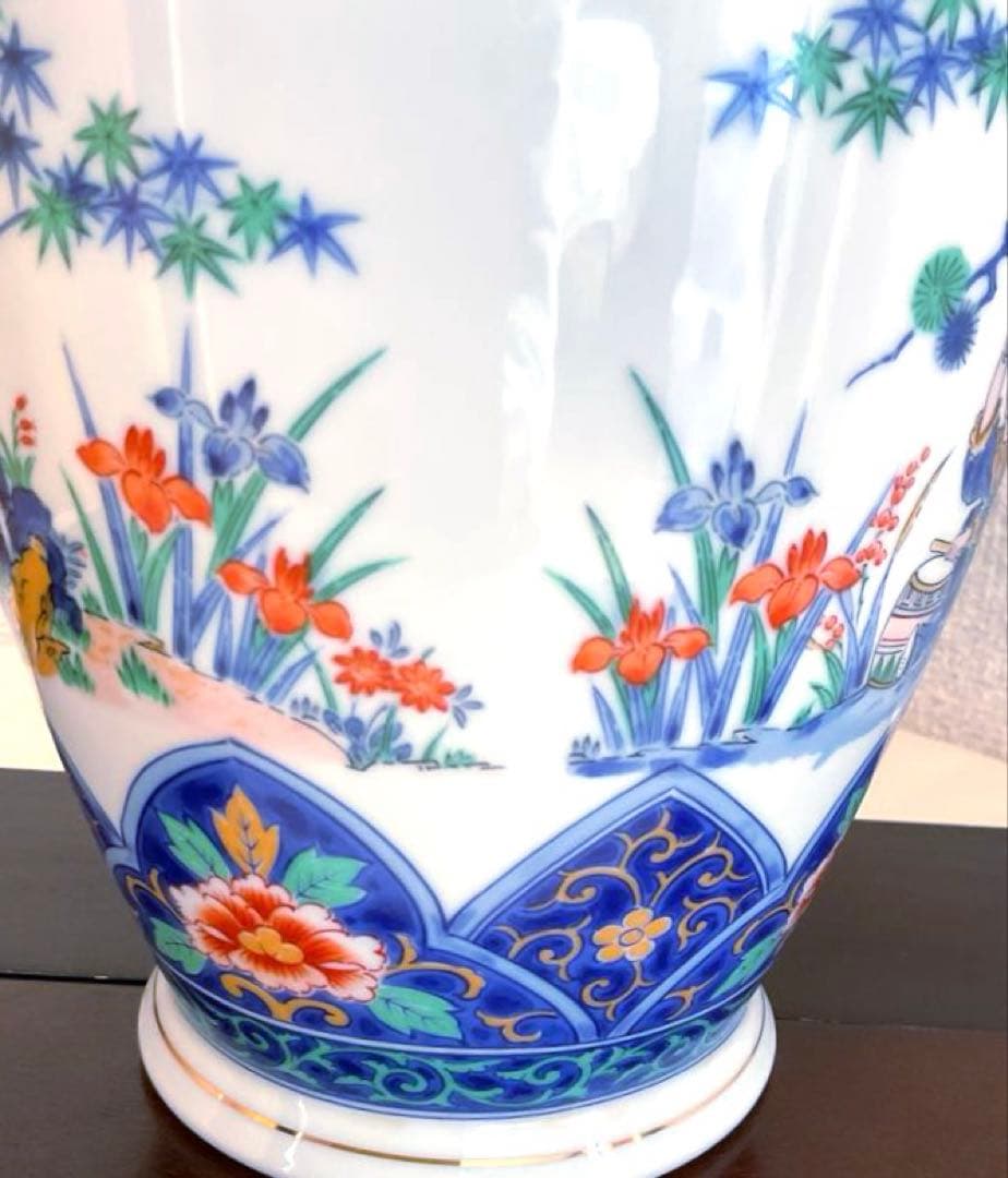 【新品】若山窯　唐絵柄陶器花びん 昭和レトロ 唐絵 骨董 手描き花瓶 置物