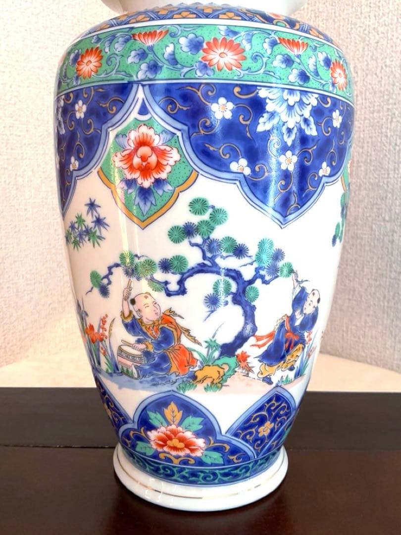 【新品】若山窯　唐絵柄陶器花びん 昭和レトロ 唐絵 骨董 手描き花瓶 置物