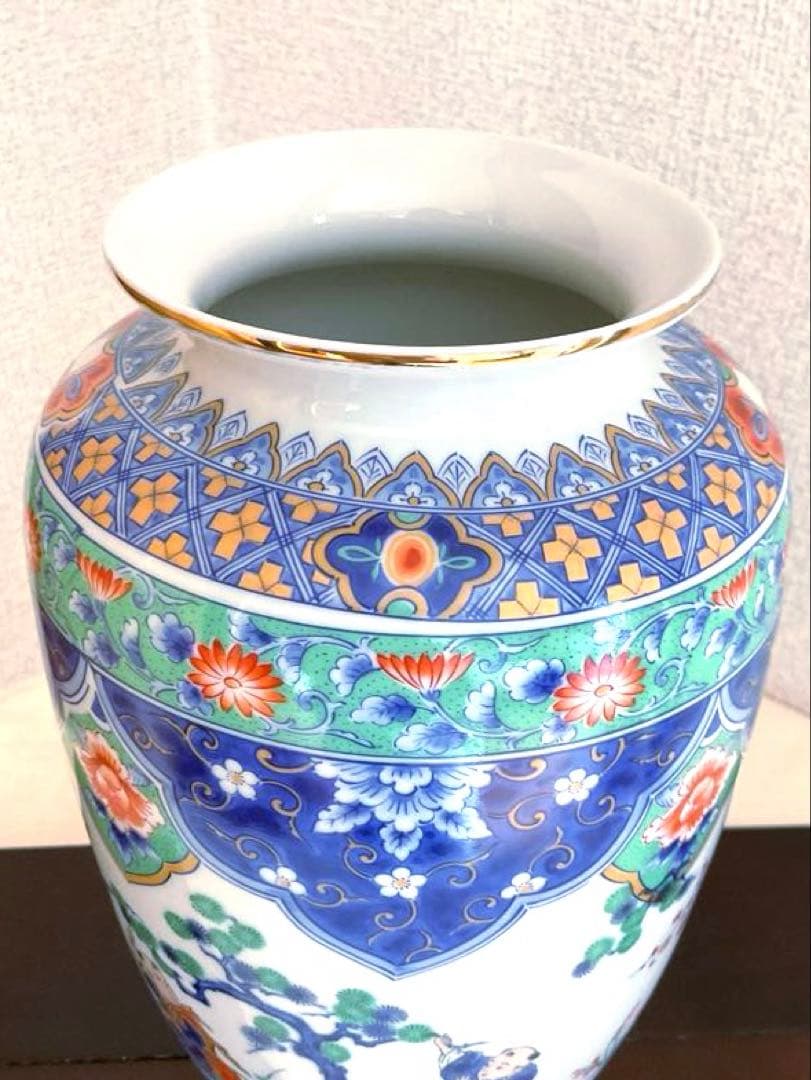 【新品】若山窯　唐絵柄陶器花びん 昭和レトロ 唐絵 骨董 手描き花瓶 置物