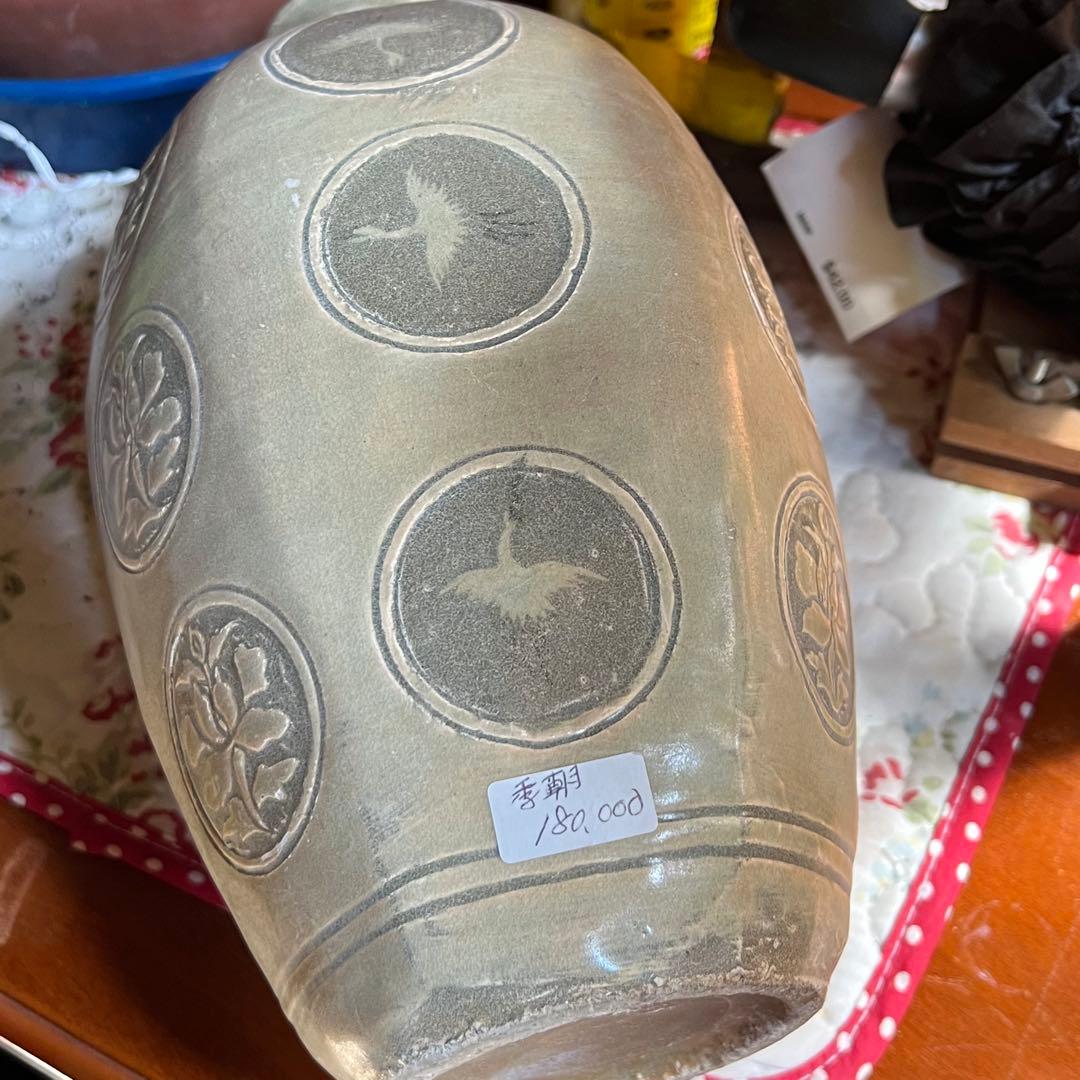 梅瓶 李朝時代 高麗 青磁 カケあり 貫入 朝鮮古美術 草花紋様 骨董 鶴 壺