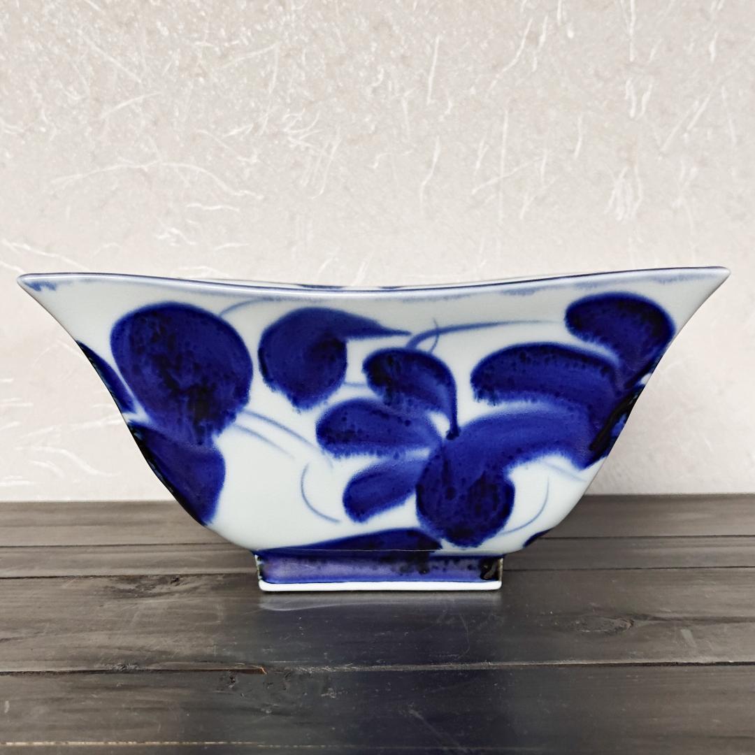 値下げ【新品・未使用】有田焼　古染草花角大鉢　盛鉢