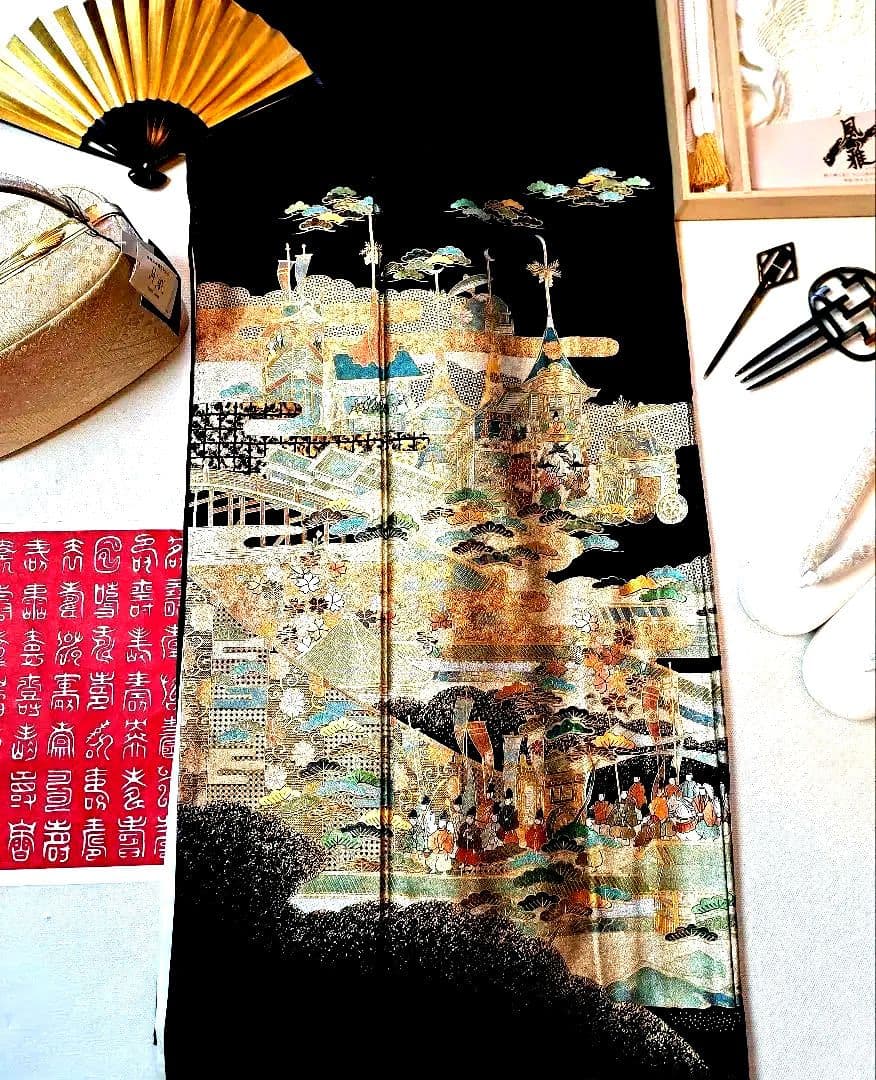 美品❇️豪華黒留袖　作家物螺鈿　古都絵巻 金彩　 比翼仕立て　フルセット