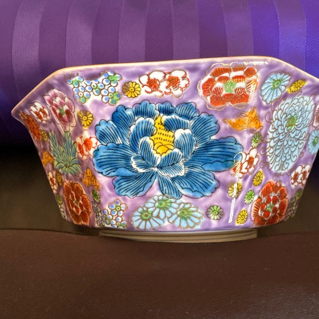 九谷焼 八角形 花柄皿 紫色