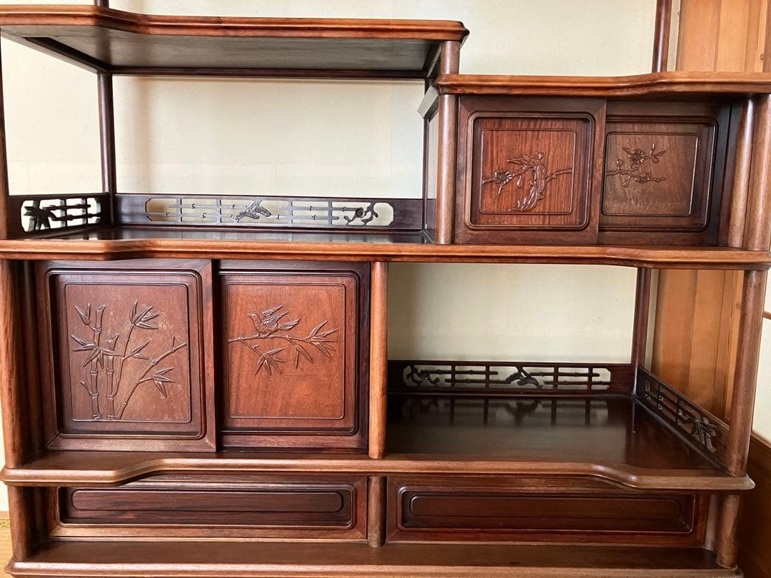 茶箪笥 かざり棚 和風木製オープンシェルフ 引き出し付き