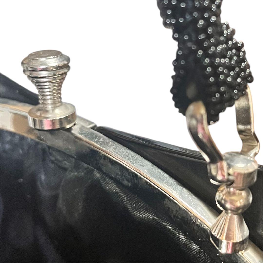 昭和レトロ　ヴィンテージ総ビーズバッグ　 花柄ハンドバッグ 黒がま口