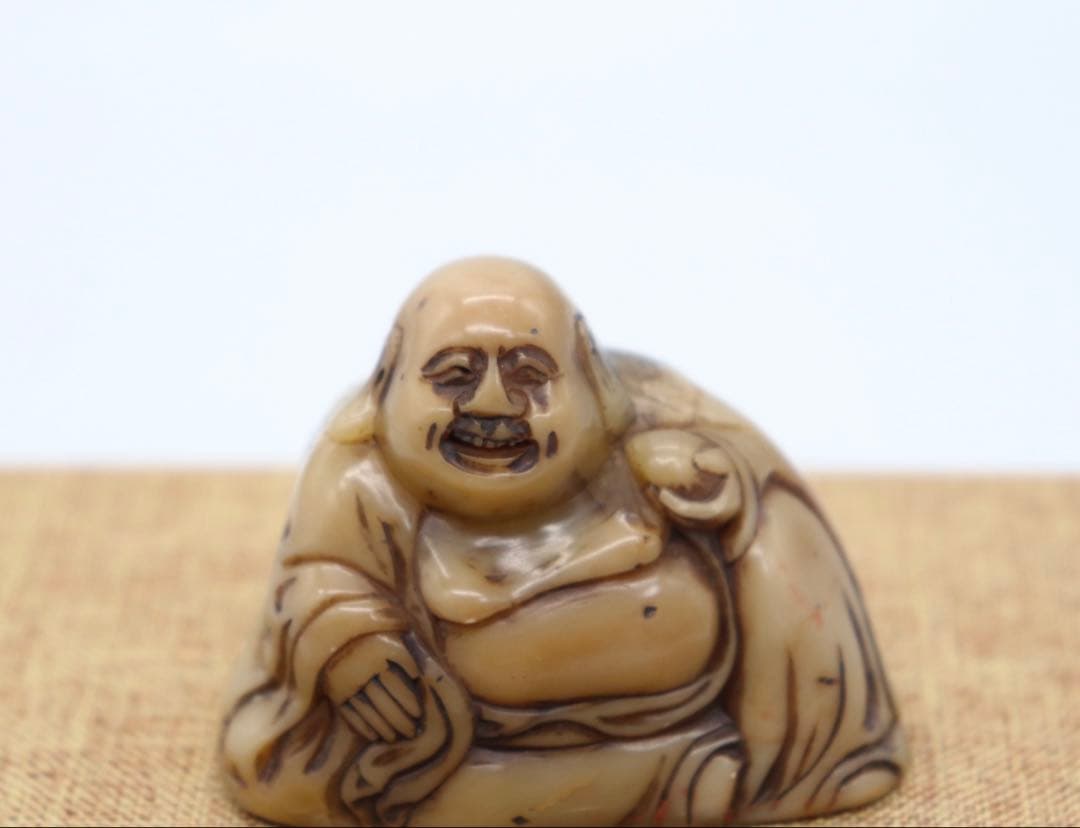 中国　清時代　寿山石彫布袋　印材　置物　重さ86g 箱入　送料込み250816