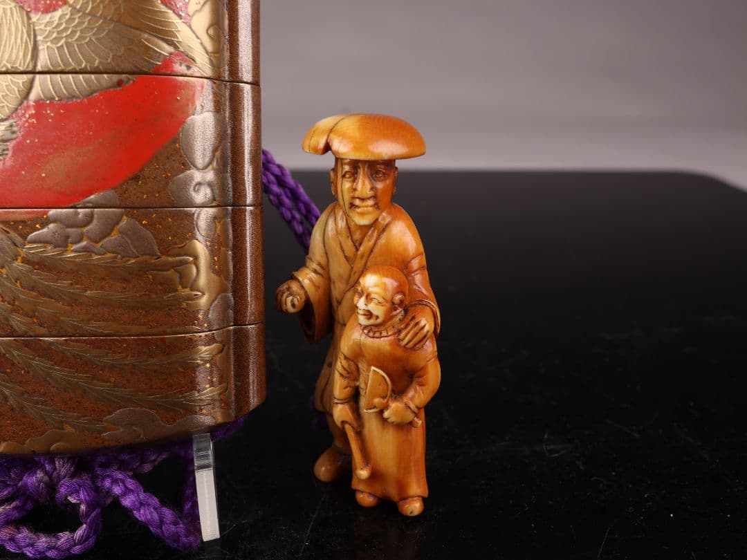 A508 鳳凰印籠 云草文 金蒔絵 無銘根付 時代物 提物【＾＃