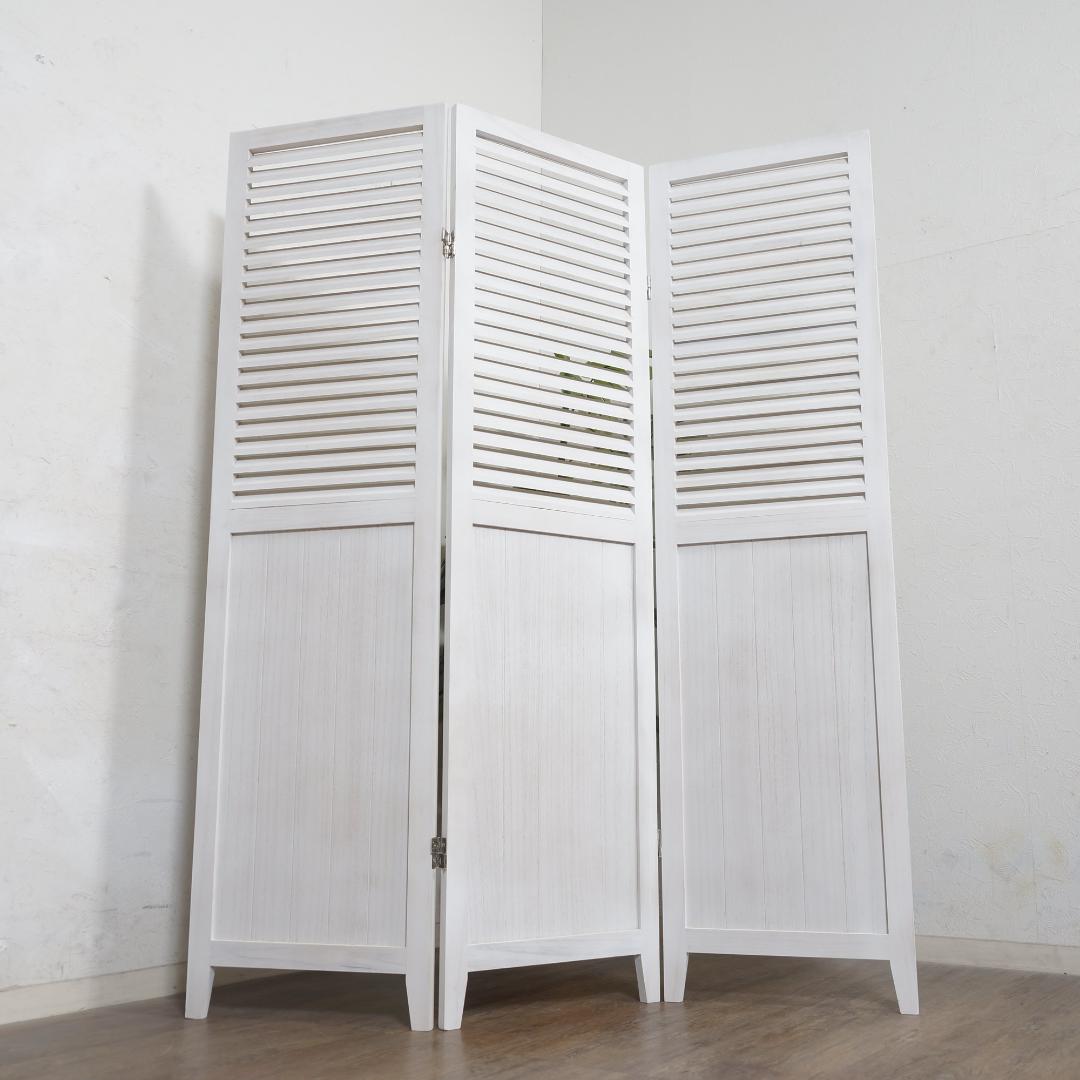 【新品】木製ルーバー パーテーション 3連　シャビーホワイト　アンティーク調