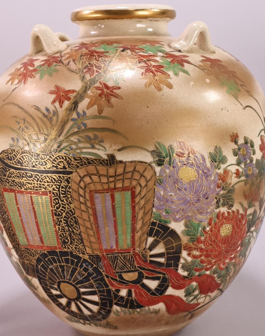 仁清 写　 色絵 金雲菊花御所車図　四耳壺　茶壺　花瓶　壷　花器　BK49