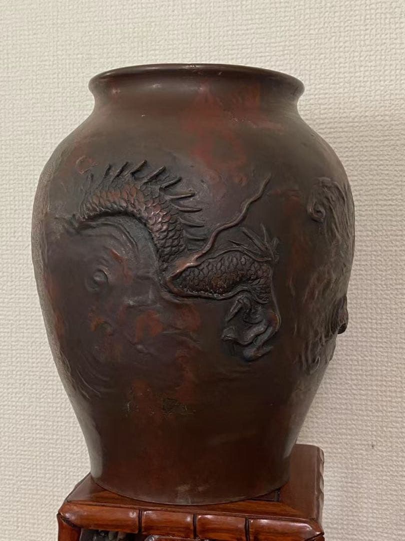 時代物 銅製 雲龍の浮彫 花入 瓮
