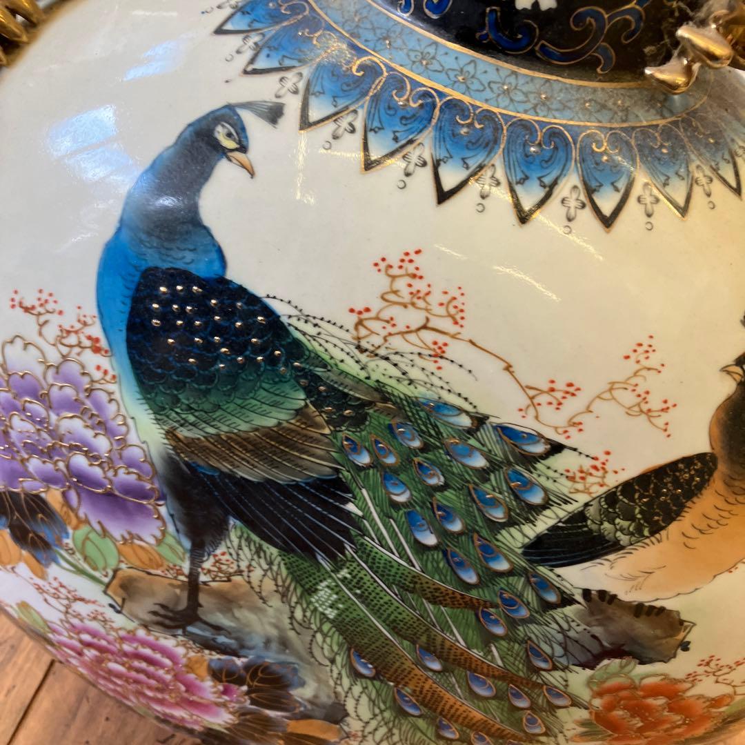中国古美術 陶器製 金彩 孔雀 花柄 龍持ち手 大型 花瓶 ボトル型 花器