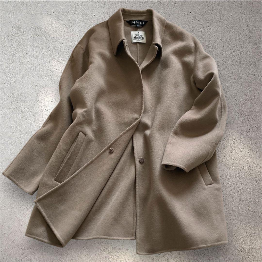 【美品】INDIVI 36 ハミルトンラムズウール ステンカラーリバーコート
