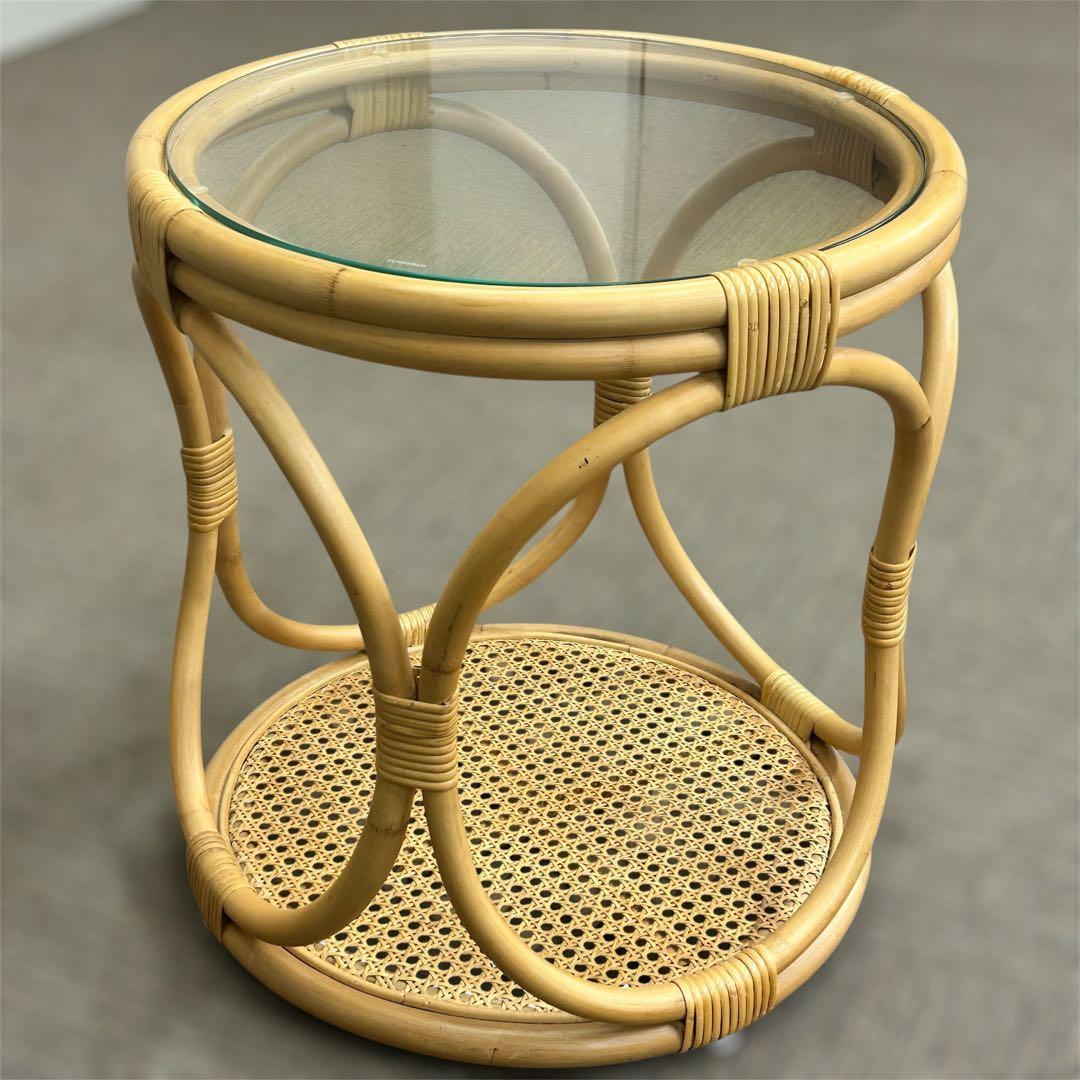 【状態良好】unico WEAVA ウィーバ サイドテーブル ラタン ガラス天板