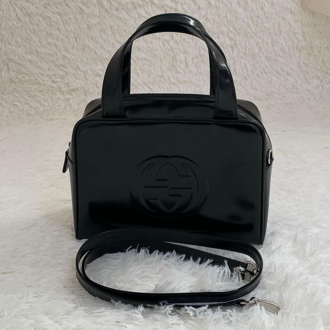 GUCCI ショルダーバッグ エナメル インターロッキングG ブラック 2way