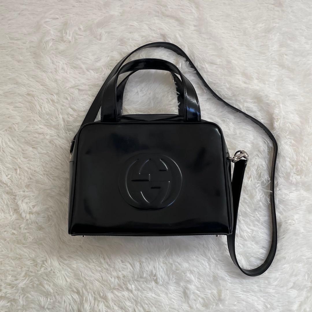 GUCCI ショルダーバッグ エナメル インターロッキングG ブラック 2way