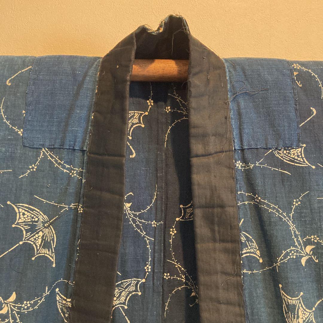 古布　半襦袢　両面染め　型染　藍染　袖無し　日傘　ハイカラ　パラソル