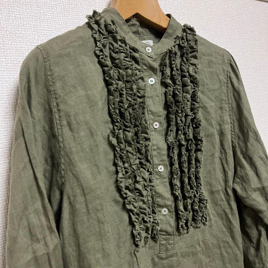 オンライン限定❣️ICHI Antiquites リネンフリルブラウス オリーブ