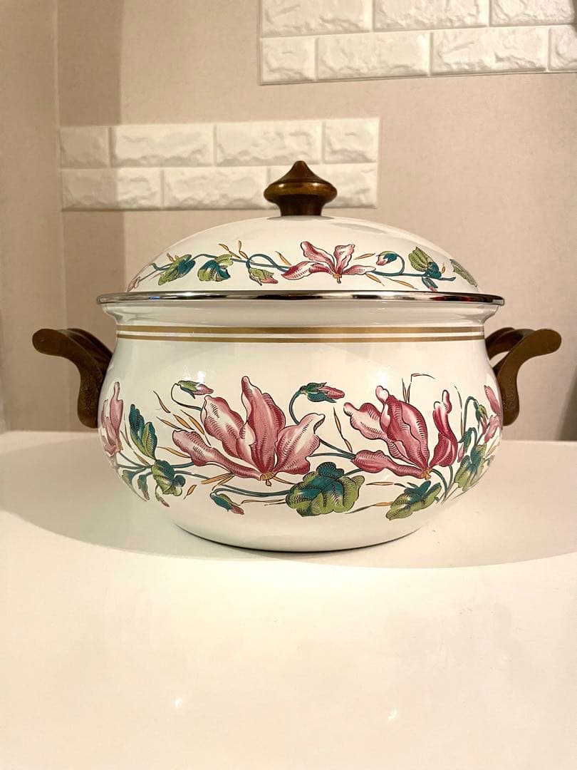 ヴィンテージ鍋 フィスラー アスタ 両手鍋 ホーロー 花柄