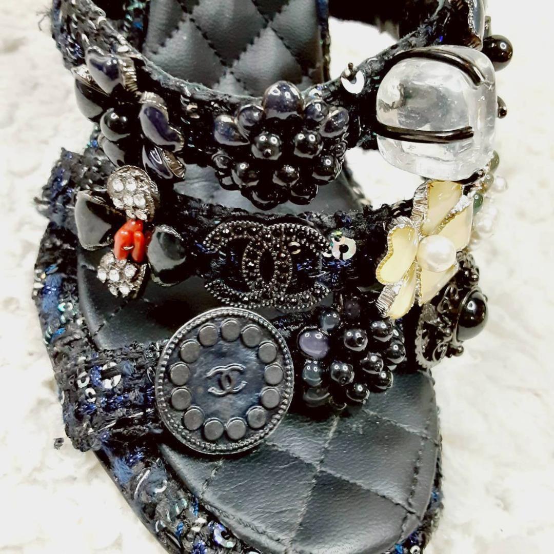 美品 24㎝◎CHANEL シャネル グリポア ツイードサンダル ブラック 黒