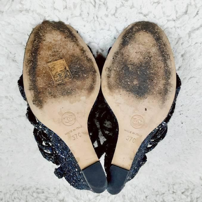 美品 24㎝◎CHANEL シャネル グリポア ツイードサンダル ブラック 黒