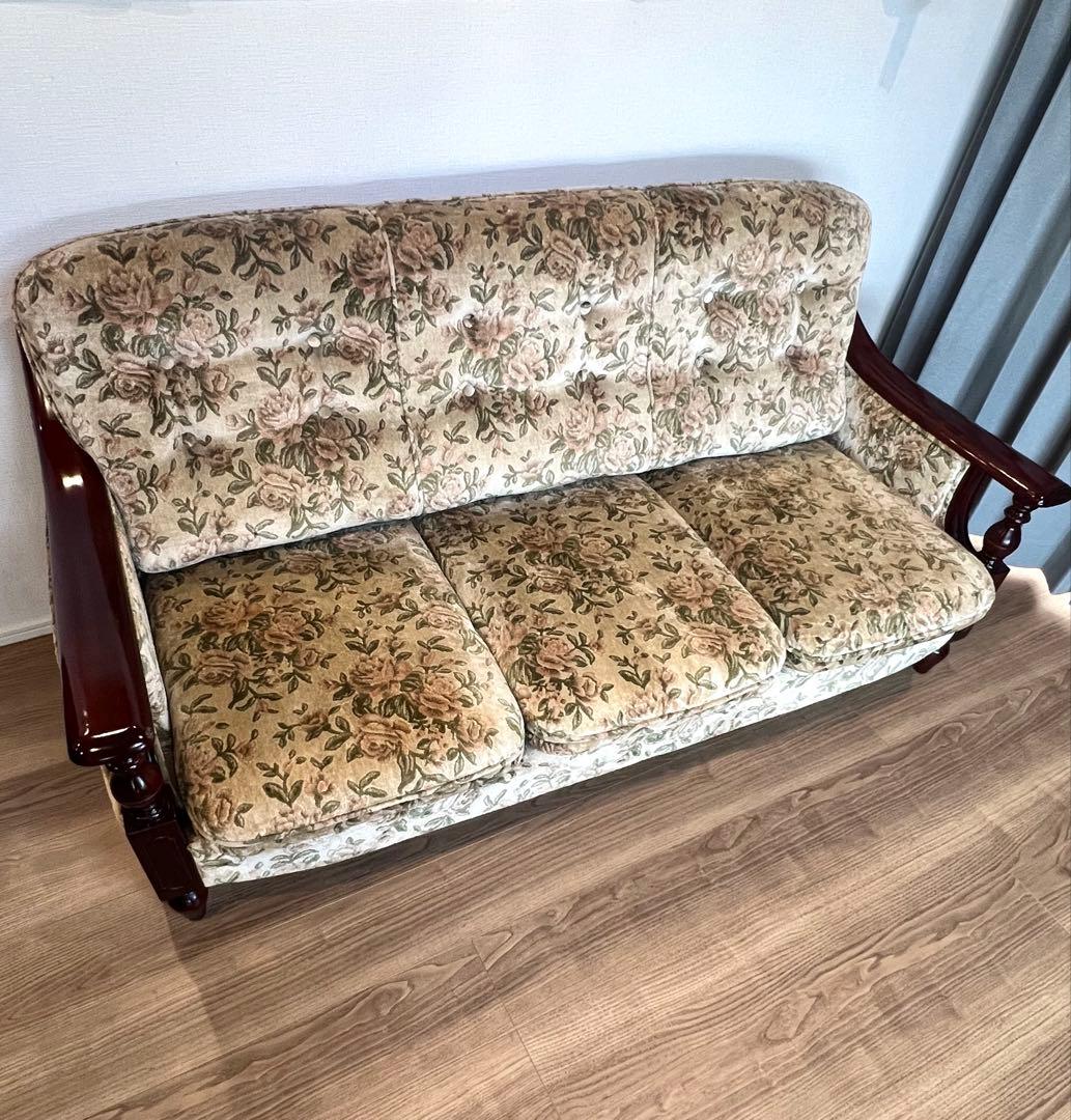 オールドカリモク 3Pソファ／花柄ファブリック／ヴィンテージ