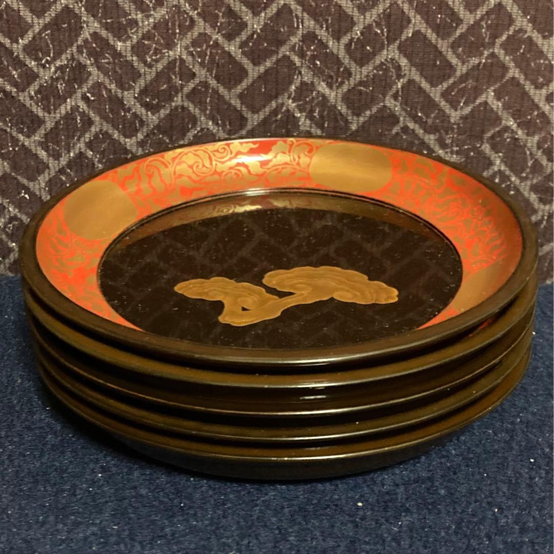 研出蒔絵　霊芝紋木皿　五枚組