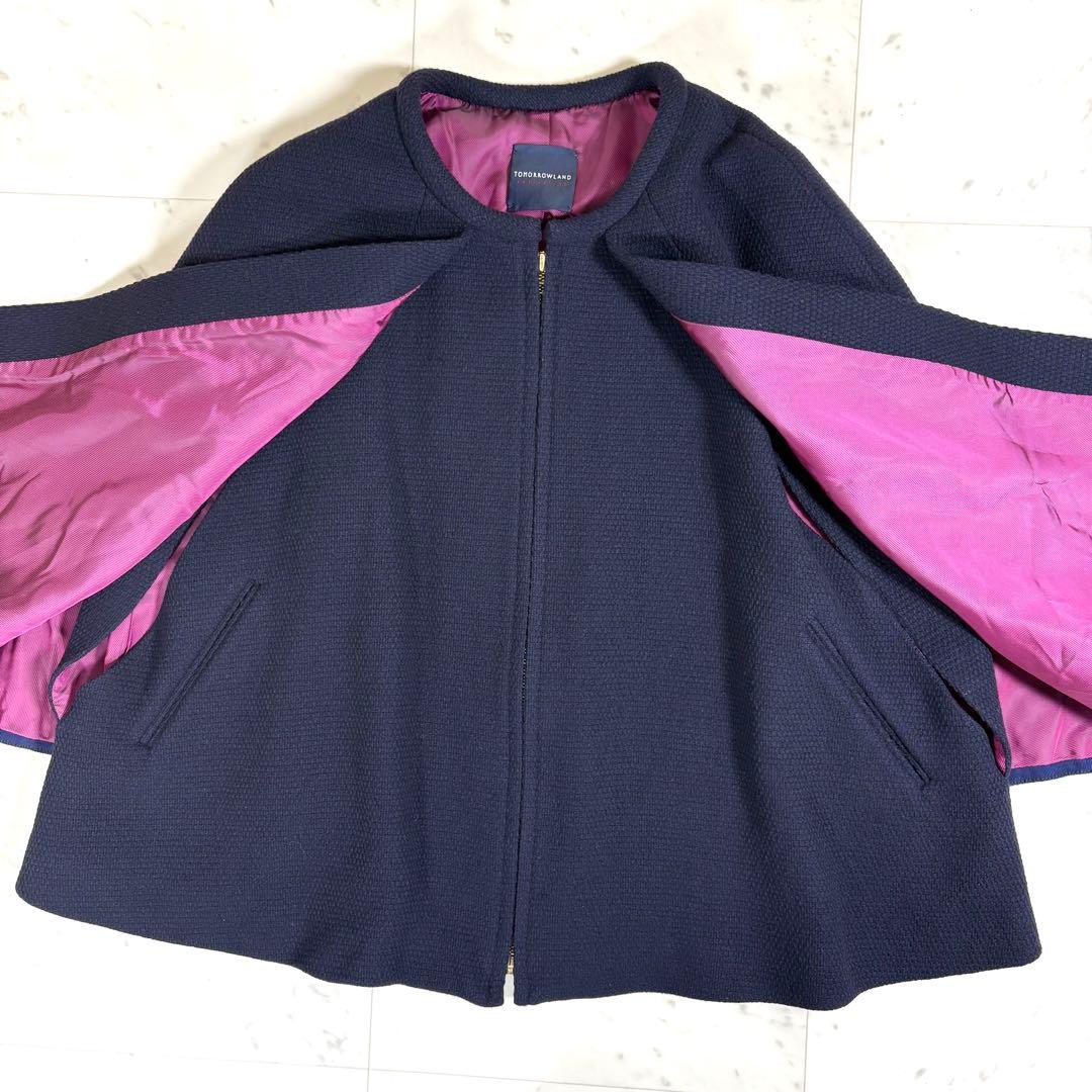 美品 トゥモローランドコレクション ウール ケープ ポンチョコート ネイビー M