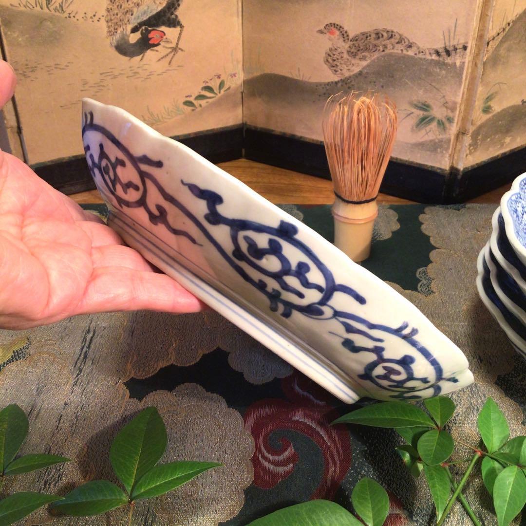 A781 古伊万里　上手　微塵唐草紋様　輪花型　7寸皿　5枚