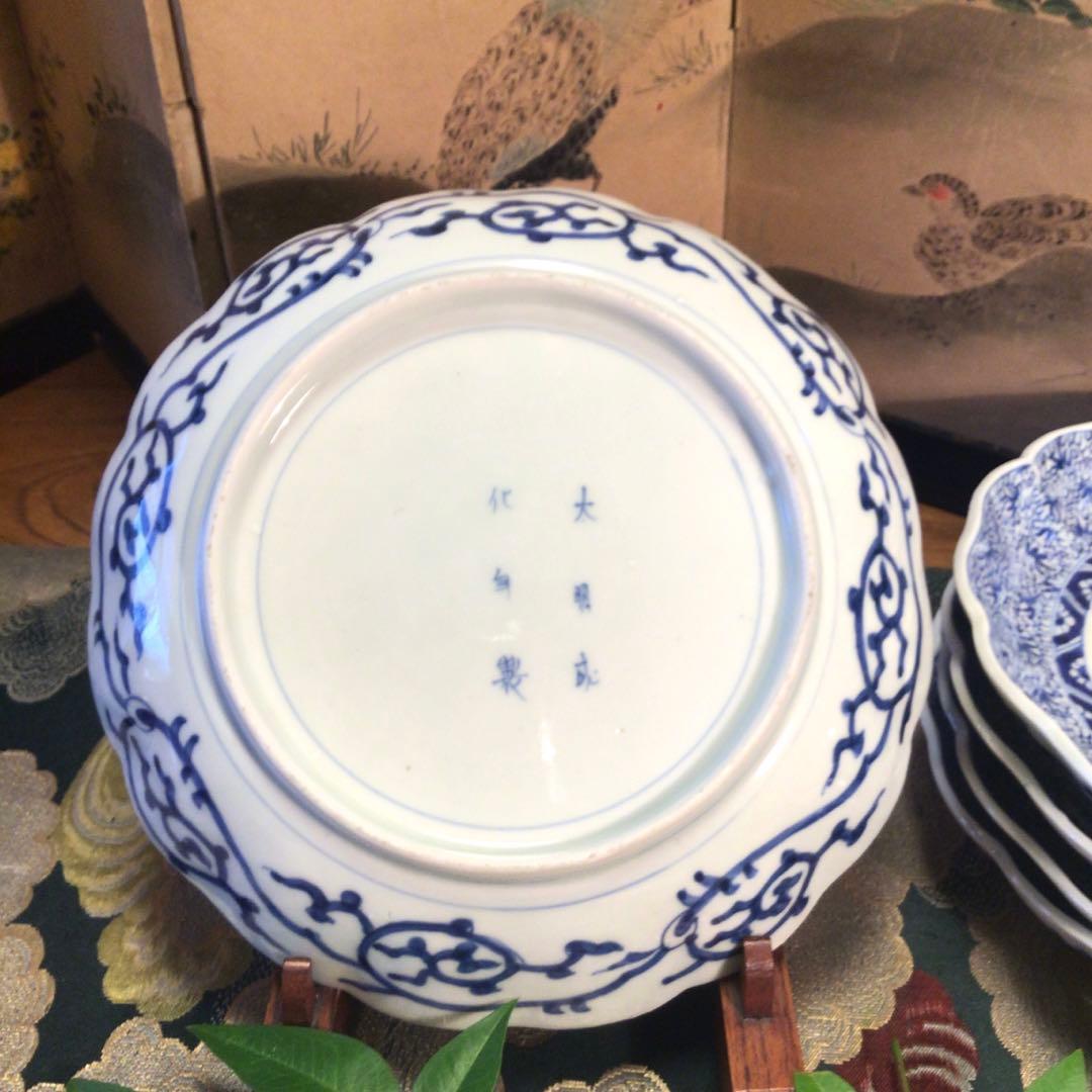 A781 古伊万里　上手　微塵唐草紋様　輪花型　7寸皿　5枚