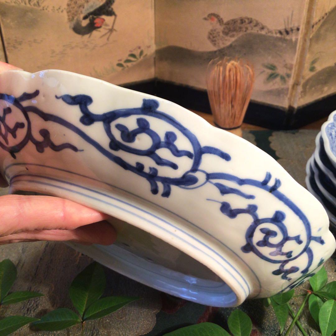 A781 古伊万里　上手　微塵唐草紋様　輪花型　7寸皿　5枚