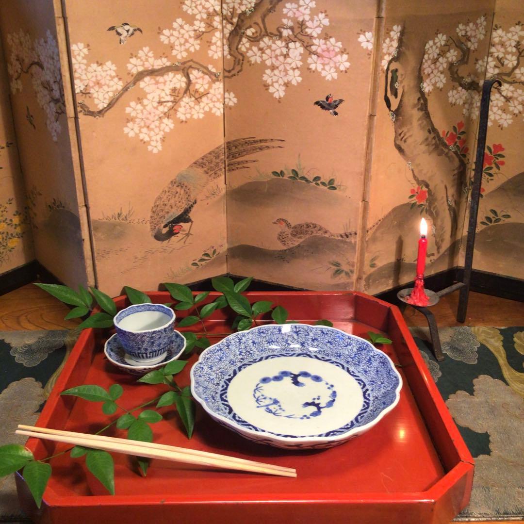 A781 古伊万里　上手　微塵唐草紋様　輪花型　7寸皿　5枚