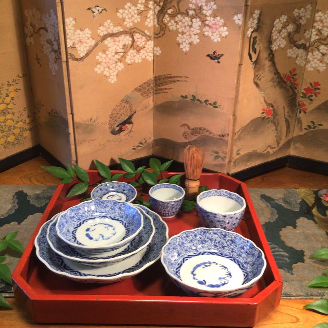 A781 古伊万里　上手　微塵唐草紋様　輪花型　7寸皿　5枚