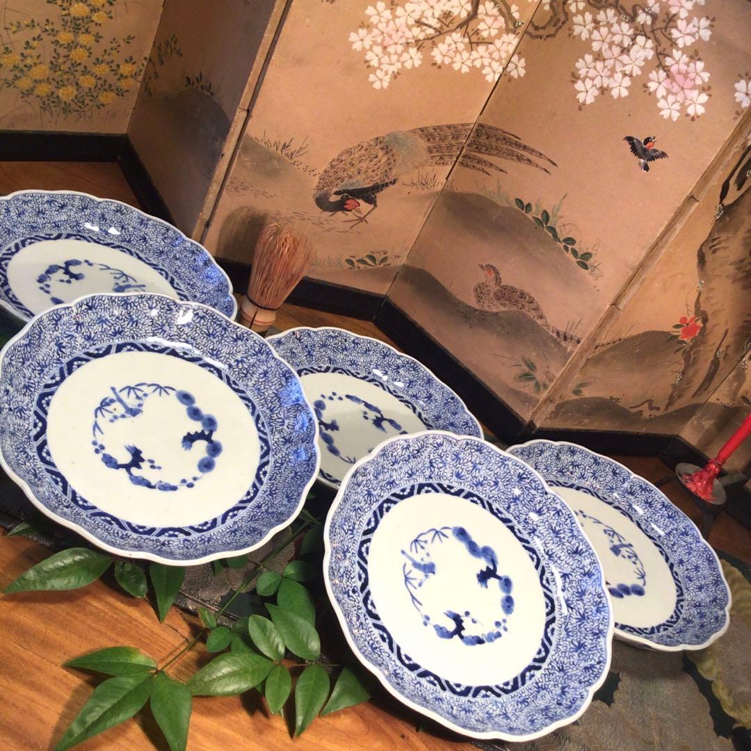 A781 古伊万里　上手　微塵唐草紋様　輪花型　7寸皿　5枚