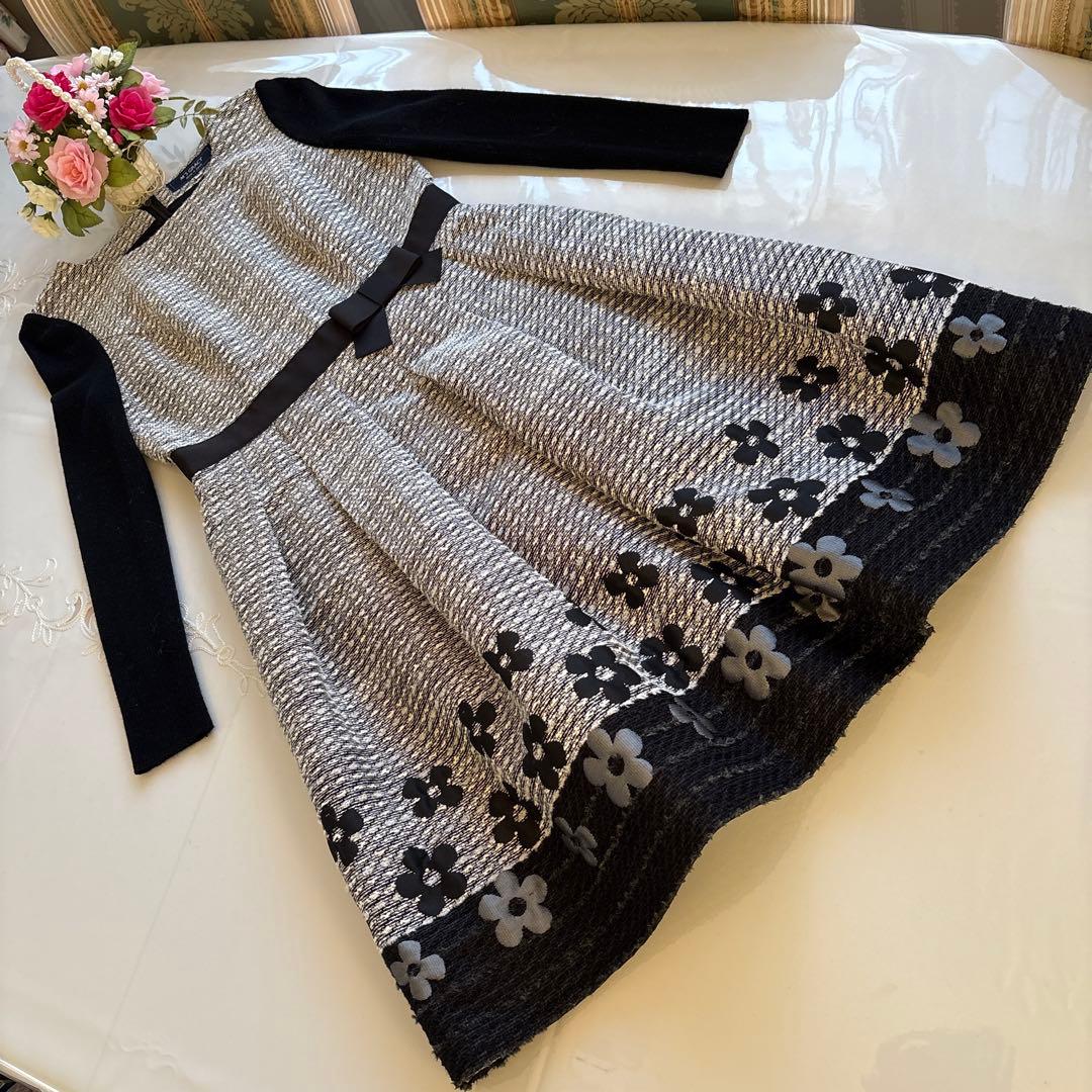 エムズグレイシー　袖ニットウエストグログランリボンお花柄モチーフワンピース 38