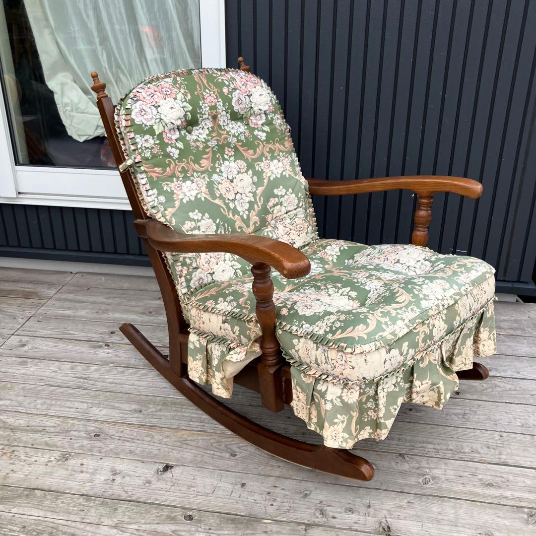 ヴィンテージ 飛騨産業 キツツキ 木製フレーム 花柄ロッキングチェア 古家具