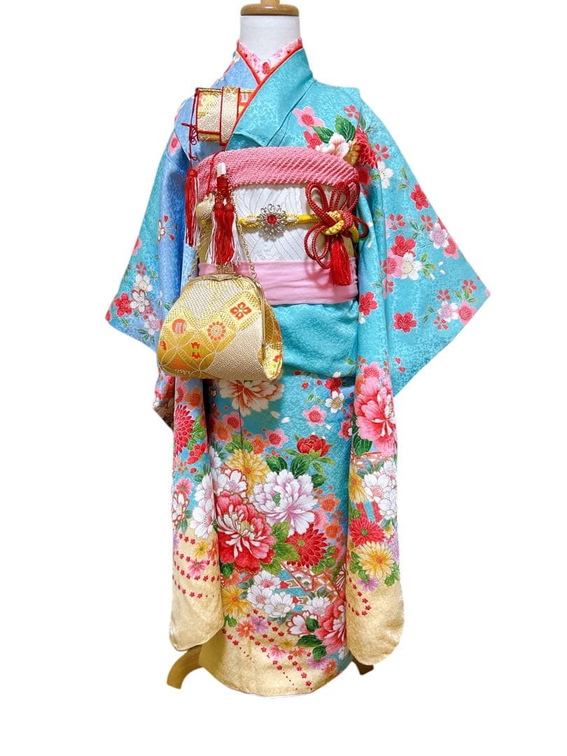 豪華正絹フルセット♡七五三　7歳　女の子　水色　エメラルドグリーン　髪飾り付