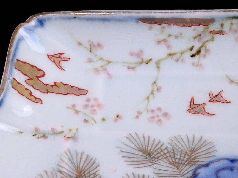 古伊万里　染錦　梅に菊　松に短冊の図　変形長皿　５客　B048AS-CWx