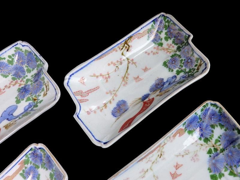 古伊万里　染錦　梅に菊　松に短冊の図　変形長皿　５客　B048AS-CWx