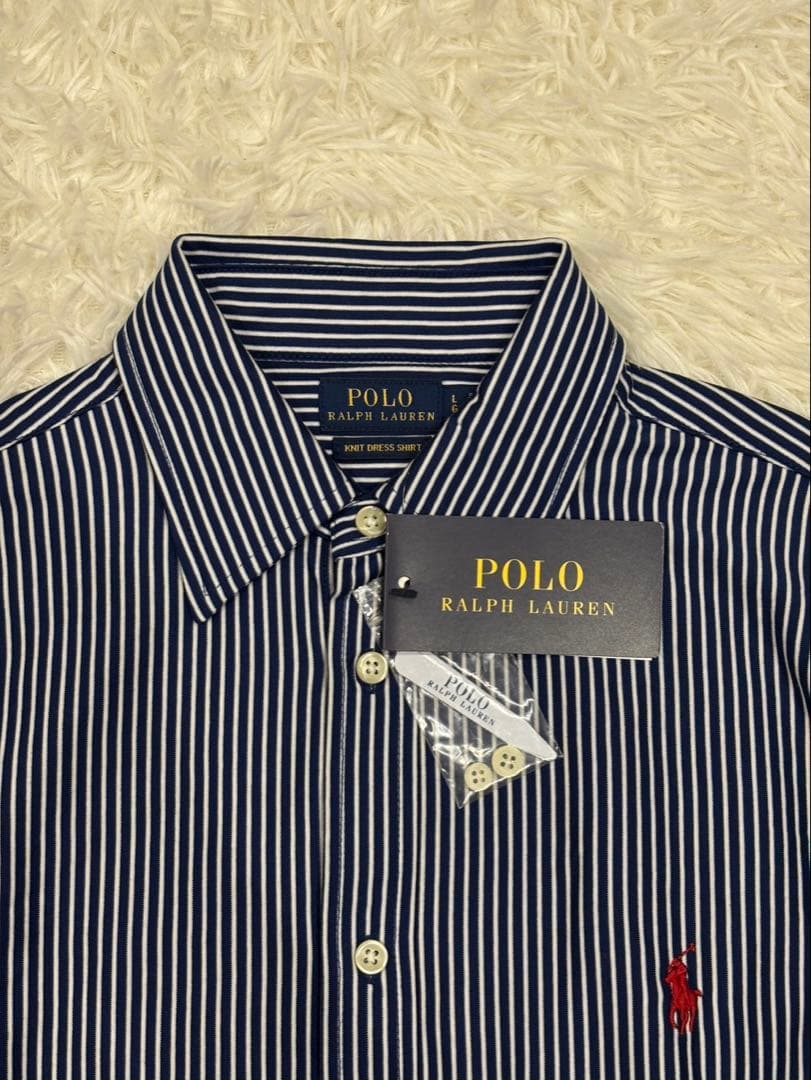 【新品】ポロラルフローレン ニットドレスシャツ ストライプ L ネイビー