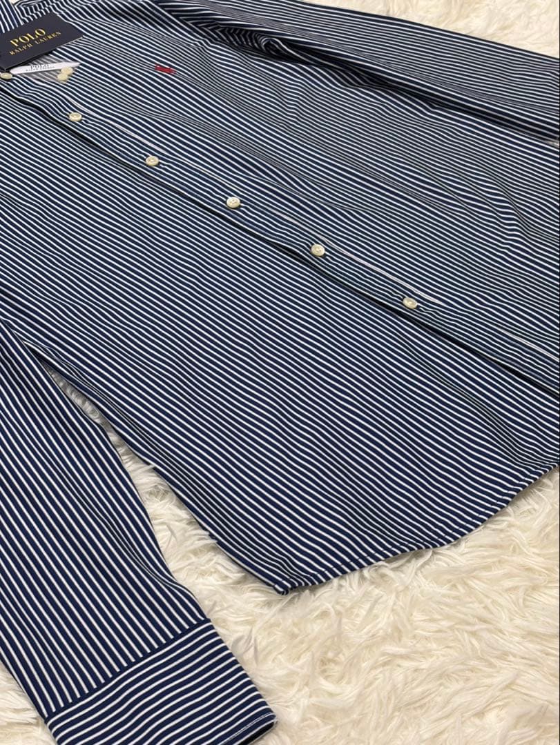 【新品】ポロラルフローレン ニットドレスシャツ ストライプ L ネイビー