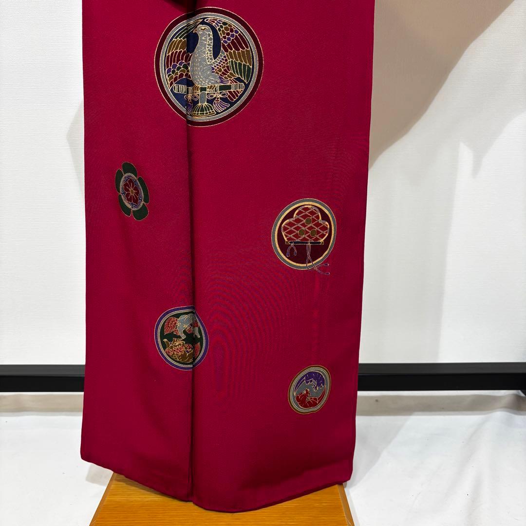 袷　小紋　飛び柄小紋　赤色地に丸紋　身丈159 裄丈67 k1293