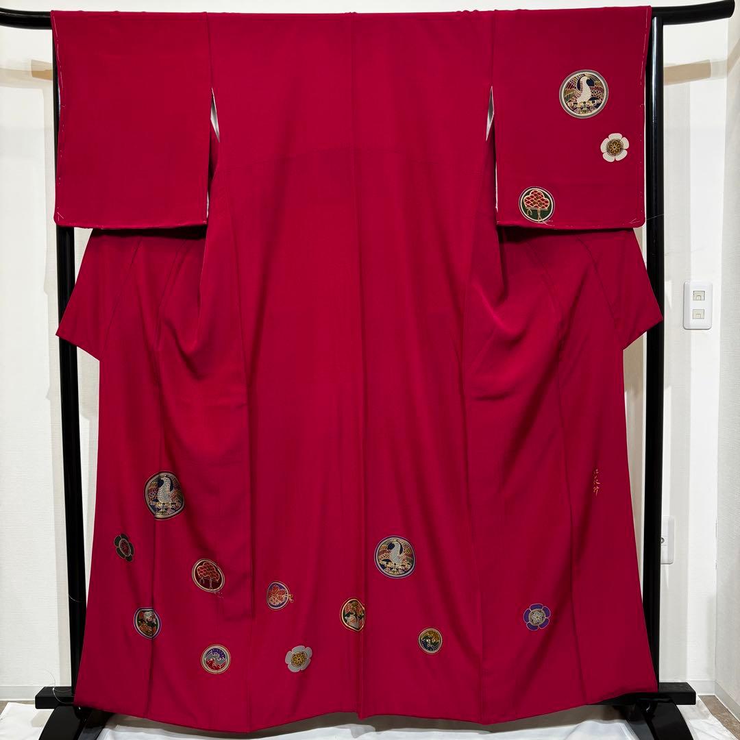 袷　小紋　飛び柄小紋　赤色地に丸紋　身丈159 裄丈67 k1293