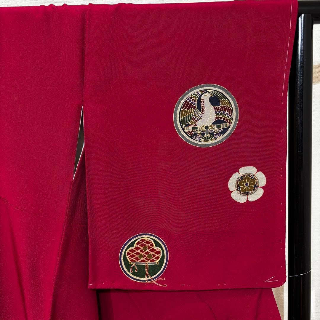 袷　小紋　飛び柄小紋　赤色地に丸紋　身丈159 裄丈67 k1293