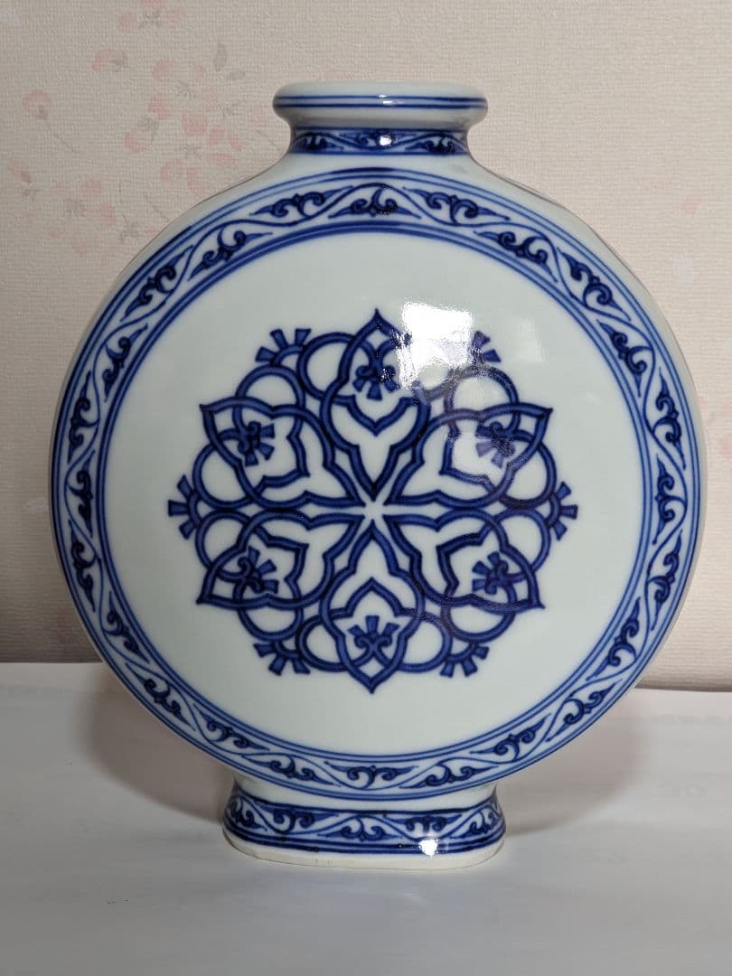 ♦京焼名跡 第四代三浦竹泉造 染付青華文様 扁壺 花器 古美術品 工芸品 骨董品