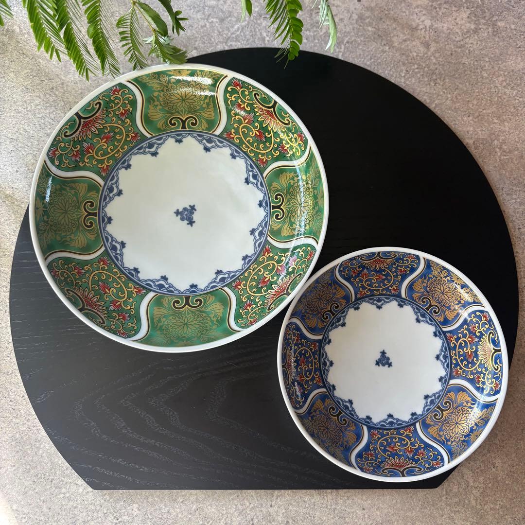 献上古伊万里　大皿　５枚セット　緑　グリーン　和食器　多用皿　金彩　豪華　和皿