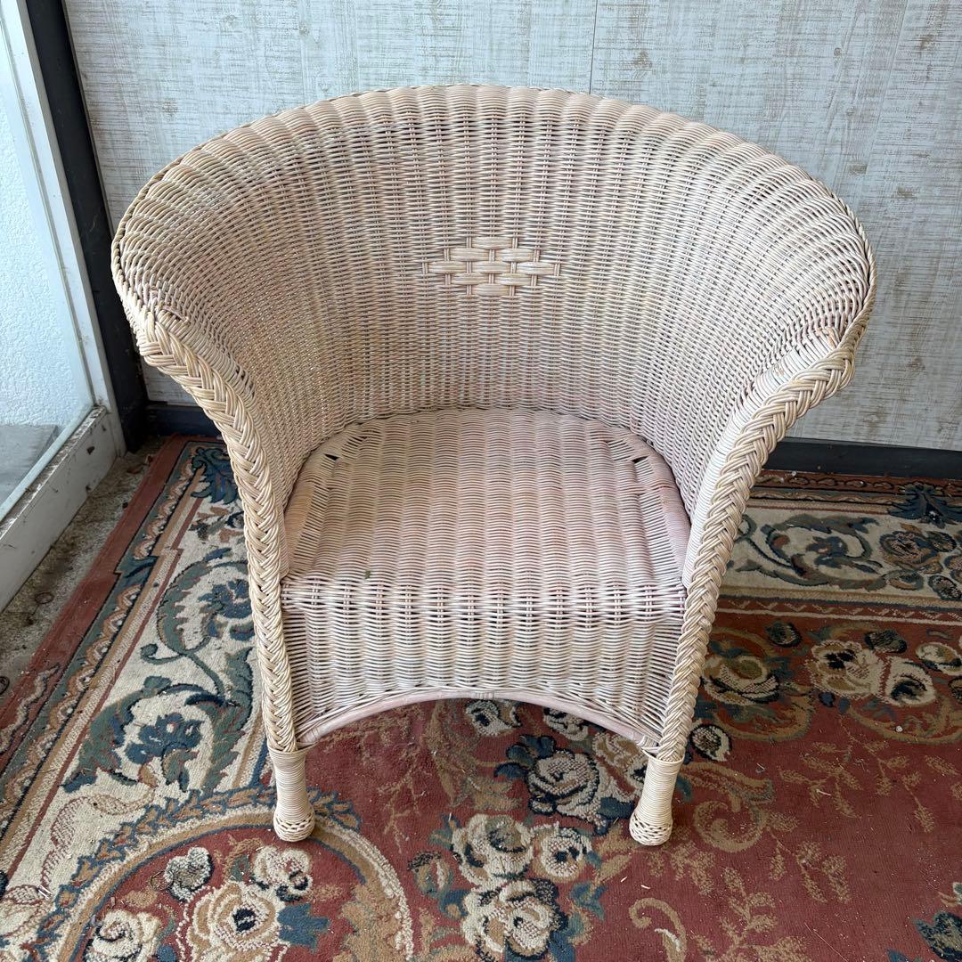 ④昭和レトロ ヴィンテージ ラタンダイニングチェア 花柄クッション アームチェア