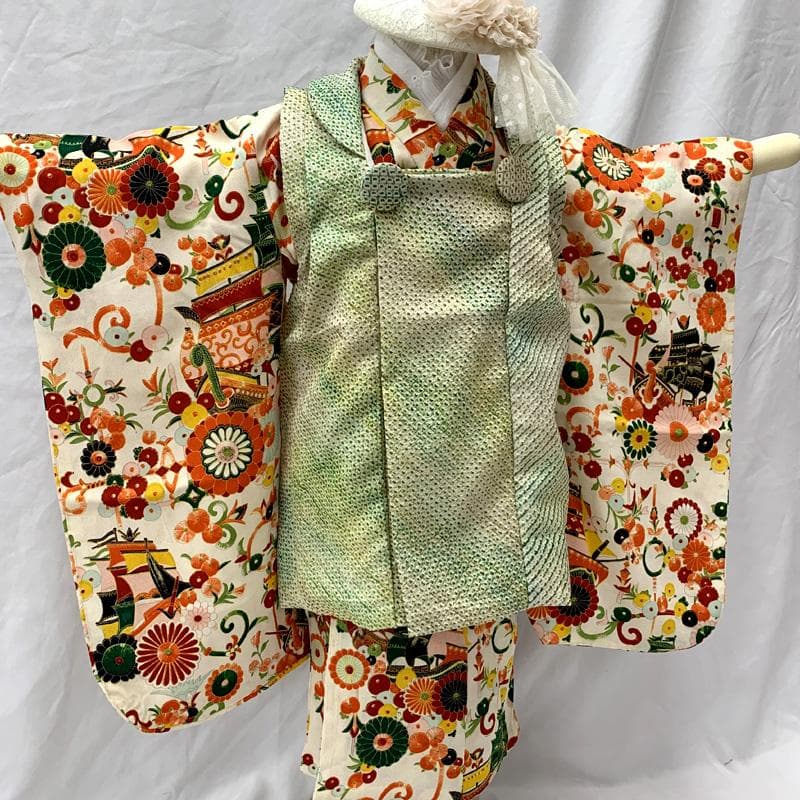 510ag34□七五三 三歳 アンティーク 女児 着物&被布 船 花文□美品