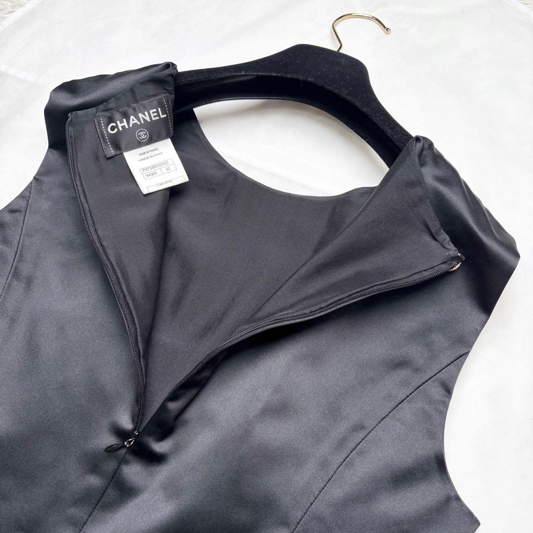 CHANEL シルクワンピース ノースリーブ グリポアボタン ココマーク 42